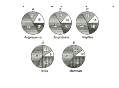 pie chart identifying the groups ’A’, ’B’, ’C’, and ’D’ in their respective positions.