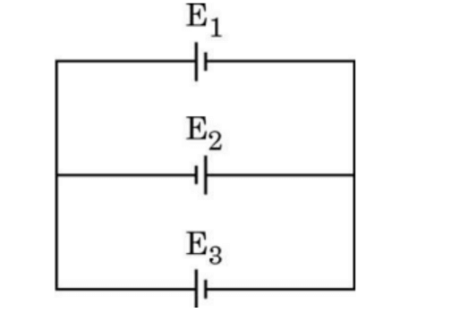 Three batteries E1, E2, and E3 of emfs and internal resistances 