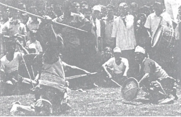wooden stick and a shield are usually used in the match
