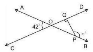 In the figure ∠AOC = 42° and PQ is perpendicular to CD