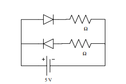 Two silicon diodes are connected to a battery and two resistors