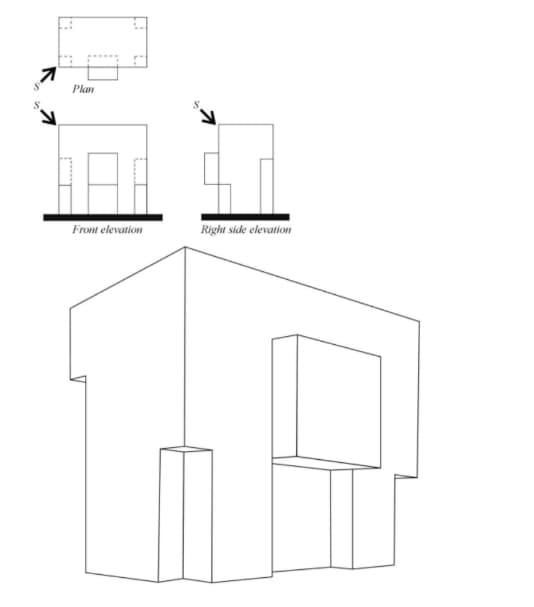 front elevation, and side elevation, of an office building block