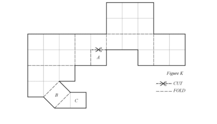 the developed surface in Figure K. Lines of cut and fold are indicated.
