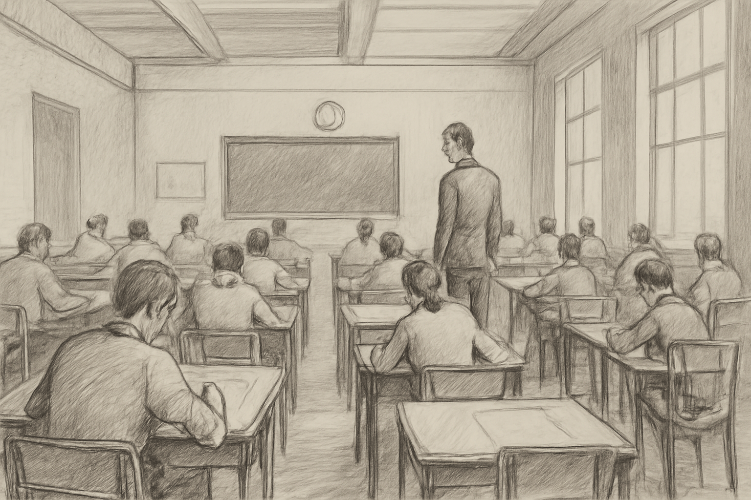 Sketch an interior view of an examination hall, depicting the scene of an examination in progress.