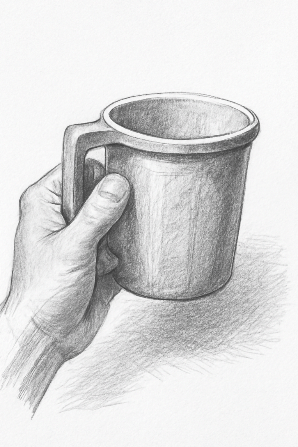 Make a pencil sketch of a mug that is commonly used for bathing. The sketch should also show a hand holding the mug. The drawing should be of appropriate form and proportion, showing various parts, materials, and textures, along with shades and shadows.