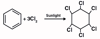 In the presence of sunlight, benzene reacts with CI2 to give product X