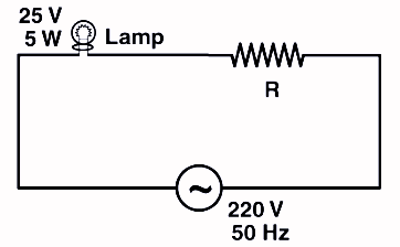 A 220 V, 50 Hz AC source is connected to a 25 V, 5 W lamp and an additional resistance R in series
