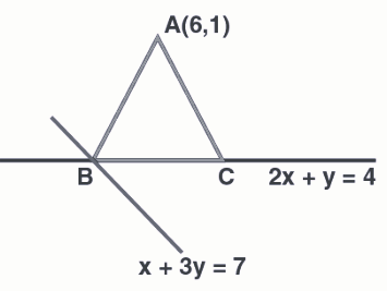 In an isosceles triangle ABC, the vertex A is (6, 1) and the equation of the base BC is 2x + y = 4