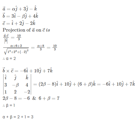where α,β∈R, be three vectors. If the projection of a→ on c→ is 103 and then the value of α+β is equal to