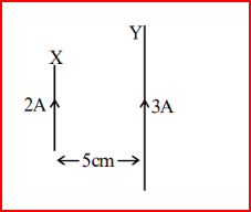 A wire X of length 50 cm carrying a current of 2 A is placed parallel to a long wire Y of length 5 m