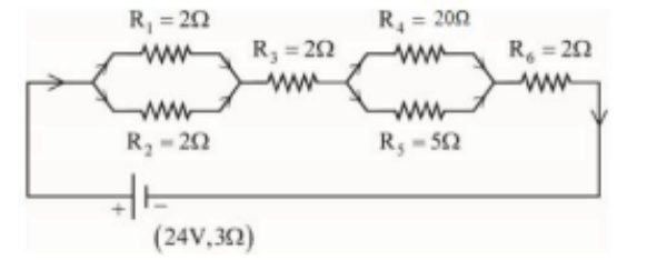As shown in the figure, a network of resistors is connected to a battery of 24V with an internal resistance of 3 Ω 3Ω