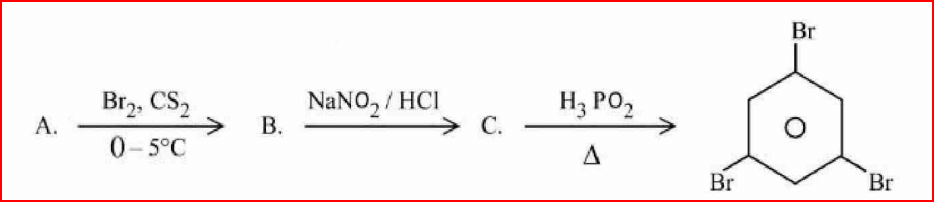  Br2 , C S 2 0 − 5 ° C 0 − 5 ° 𝐶 → 𝐵 𝑟 2 , 𝐶 𝑆 2 B. N a N O 2 / H C l