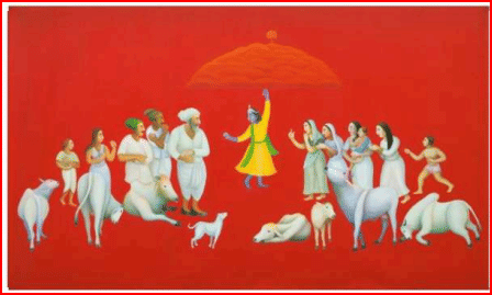 Lord Krishna with a group of villagers. 