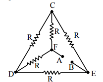 A battery of V volts is connected between A and B